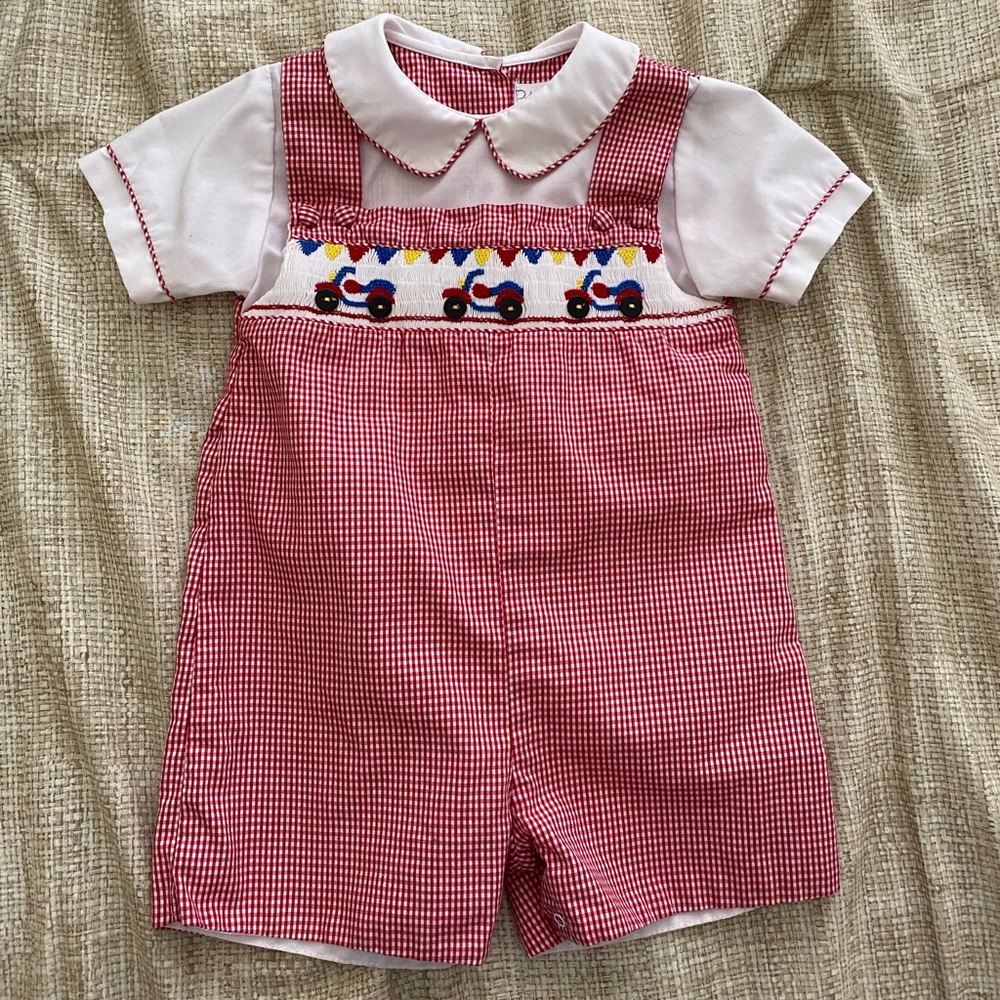 EUC Petit Ami 9 month smocked boys romper